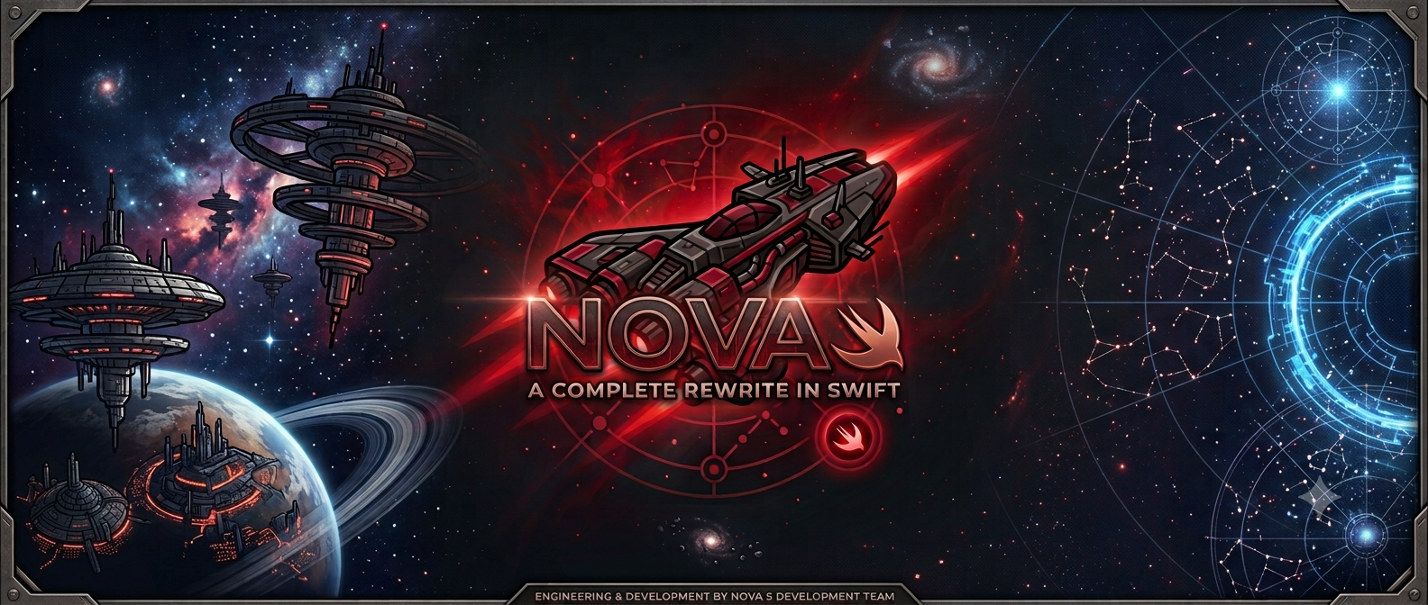 NOVA — a complete rewrite in Swift: original artwork of a warship over a red nebula, flanked by space stations and star charts