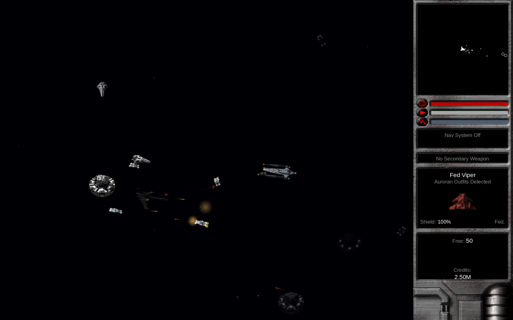 Flying a Kestrel in combat with escorts, with the classic status bar on the right