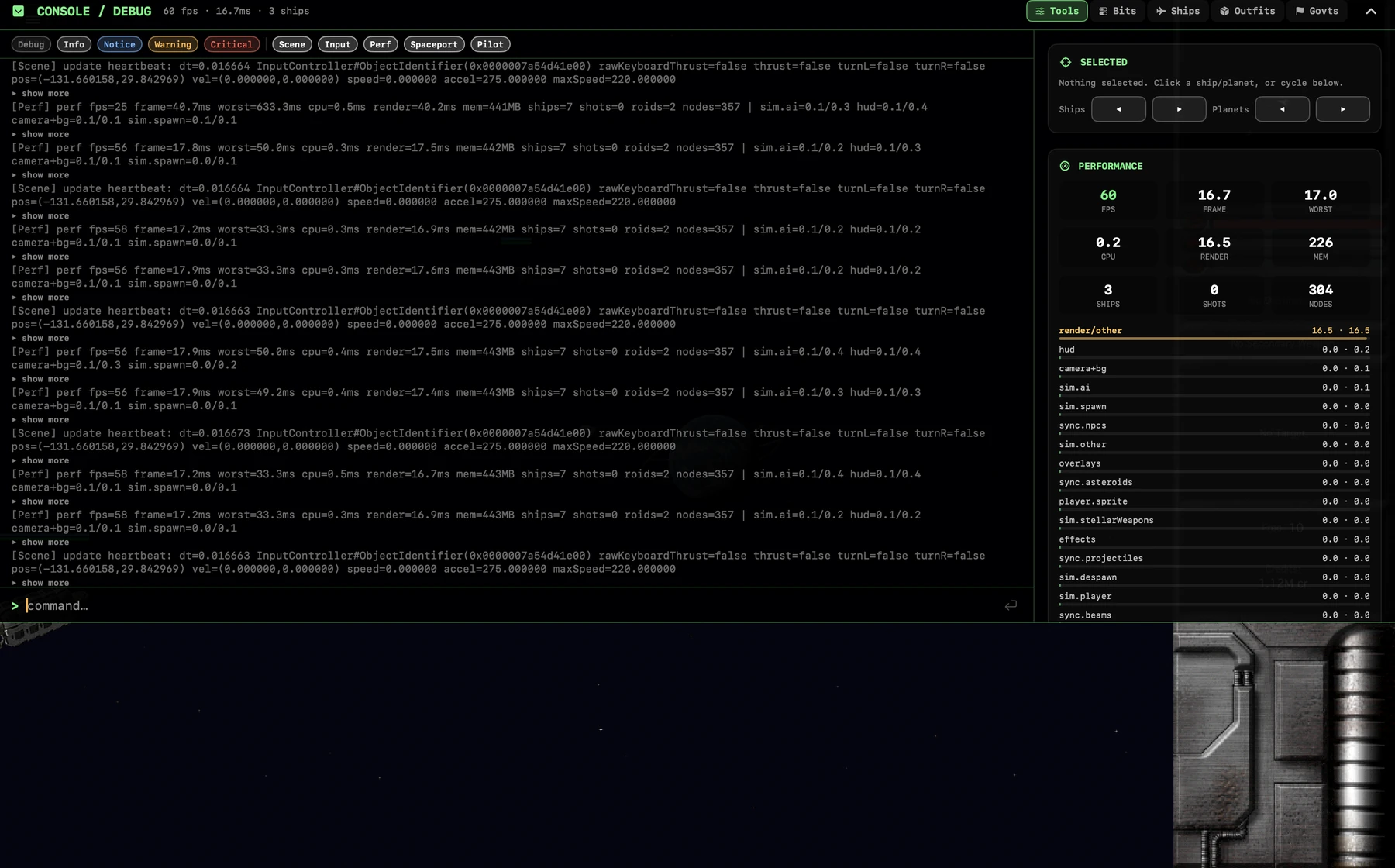The debug console: a filtered live log, a command prompt, an entity inspector and a frame-time breakdown by subsystem.