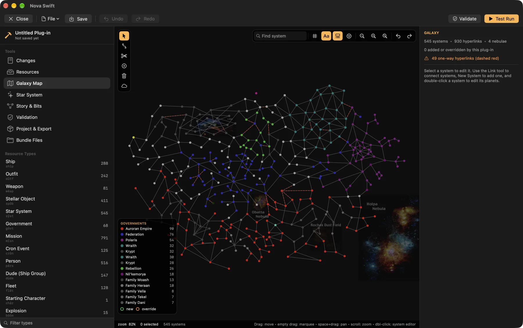 The Plug-in Editor's galaxy map: 545 systems coloured by government, hyperlinks, nebulae and a government legend, with the editing tools on the left.