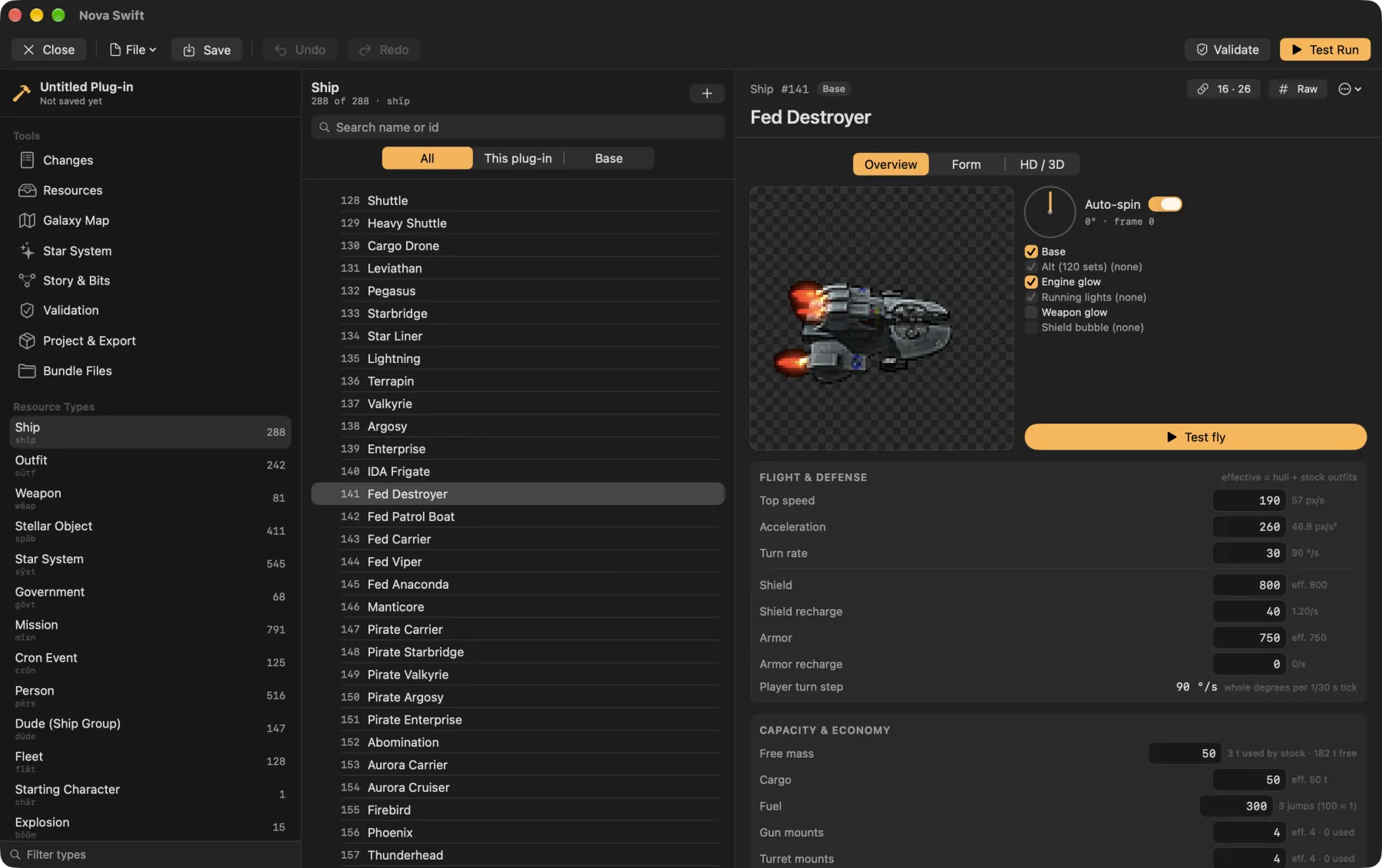 The Fed Destroyer open in the editor: a spinning sprite preview with its layers, and flight, shield, armour and cargo stats.