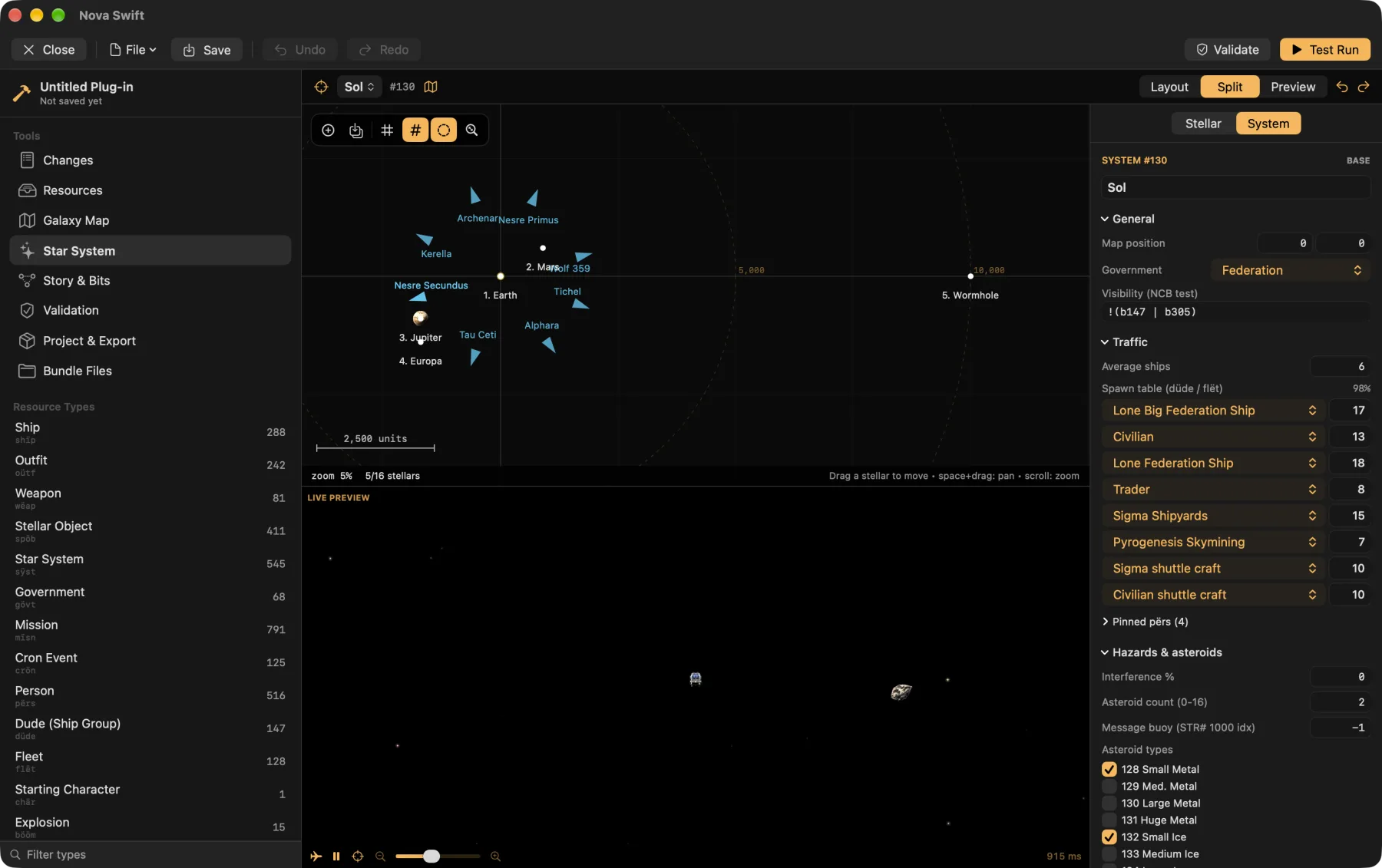 The Sol system in the editor: planets and stations laid out on a grid above a live game preview, with the system's traffic table on the right.