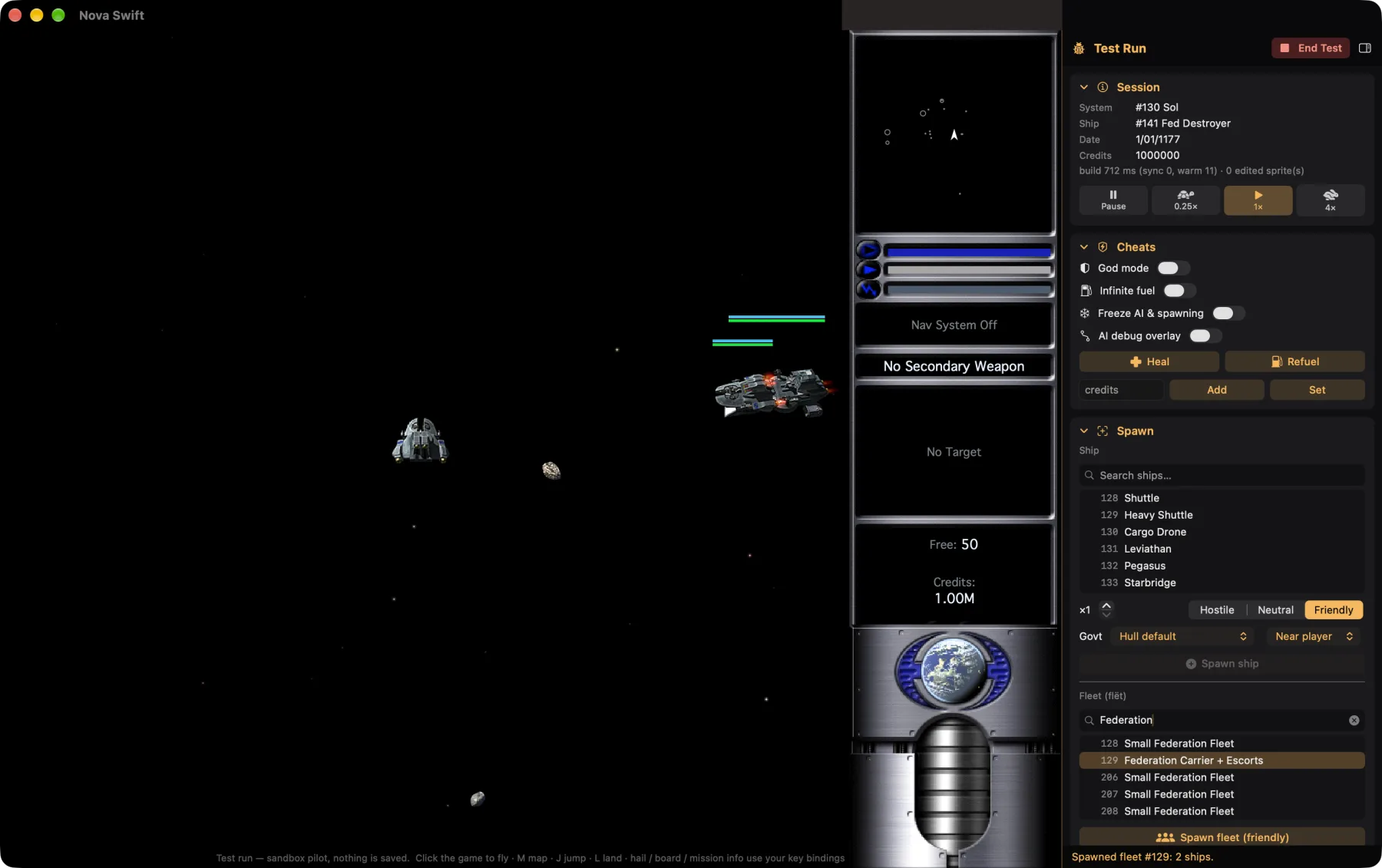 A test run with the debug panel open.