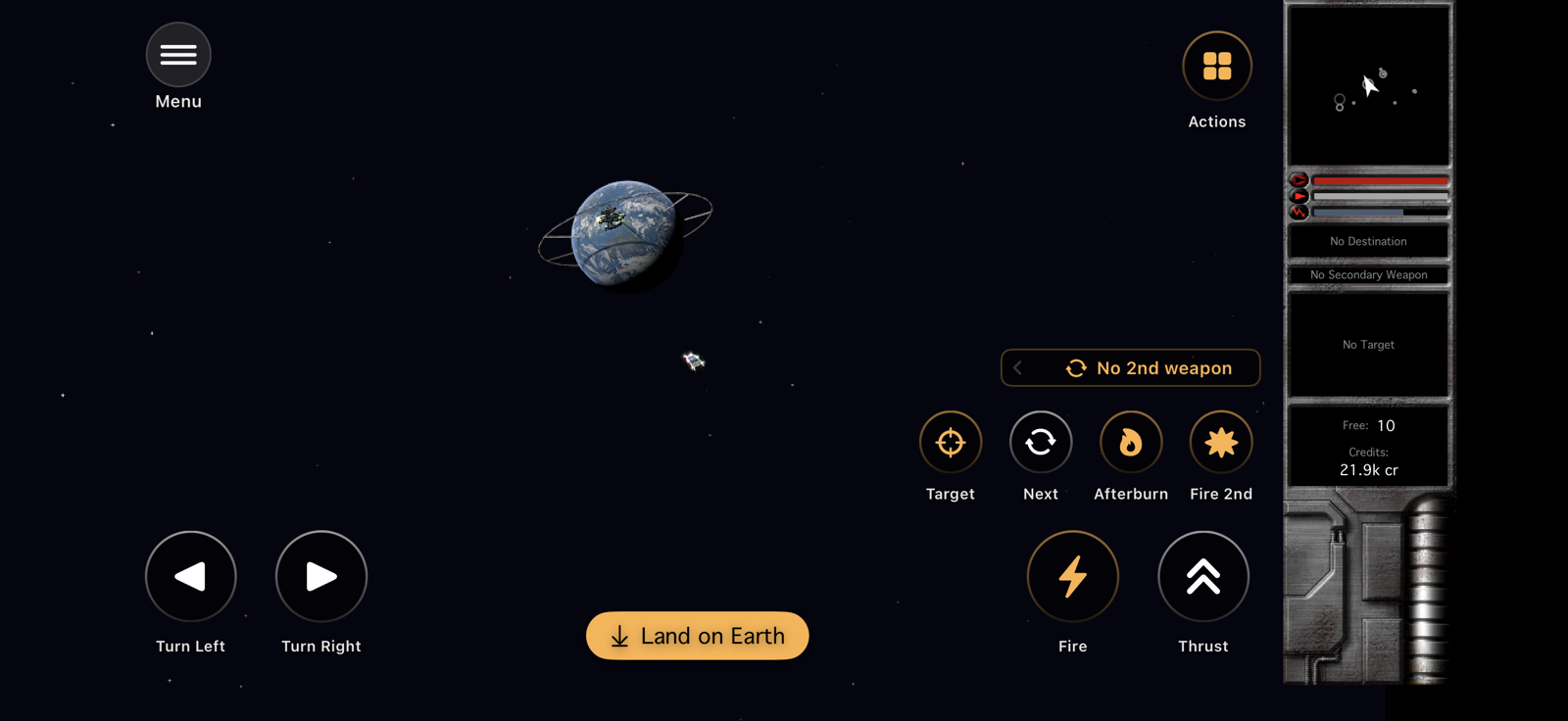 Flight view on iPhone: a ship beside Earth, touch controls for turning, thrust and fire, and the classic status bar with radar, shields and credits.