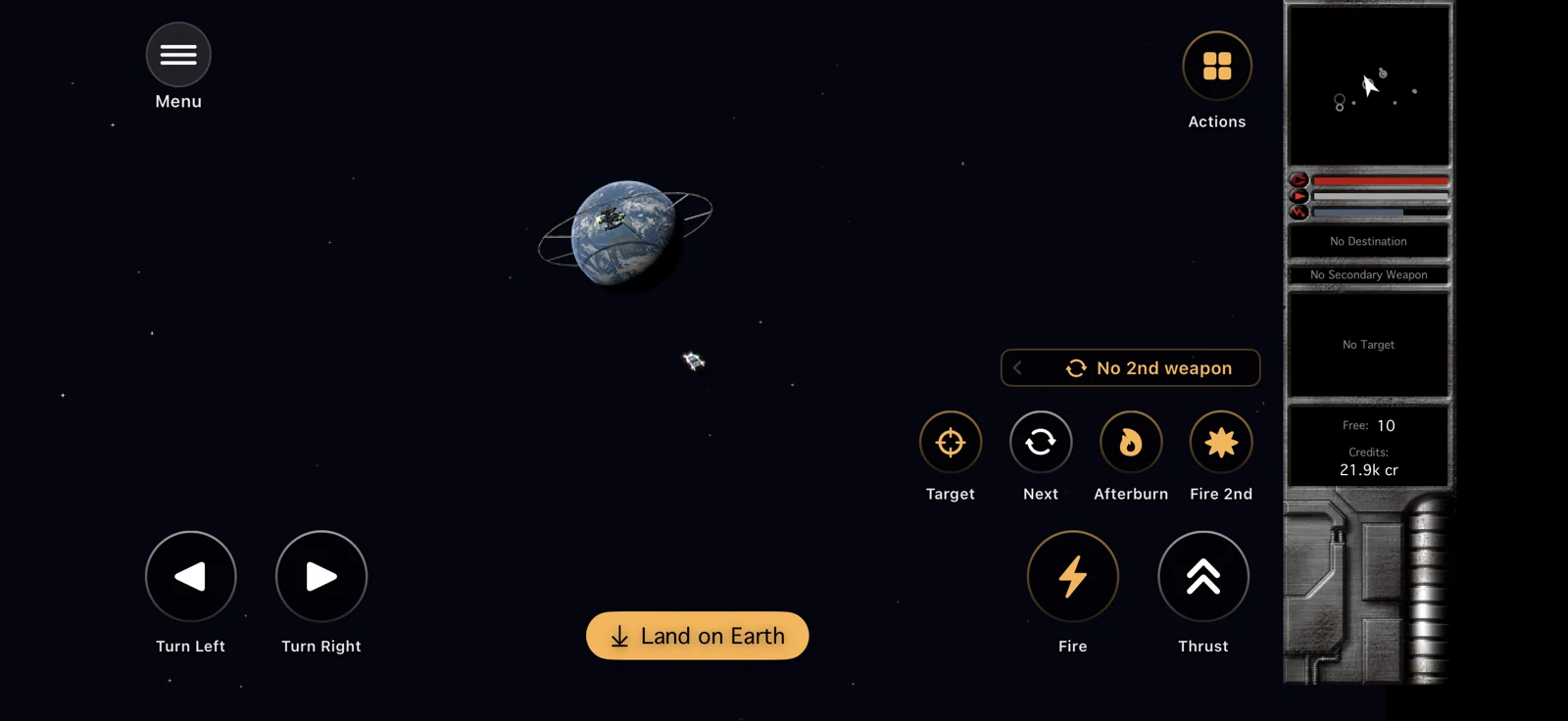 Flight view with touch controls for turning, thrust and fire, beside the classic status bar.