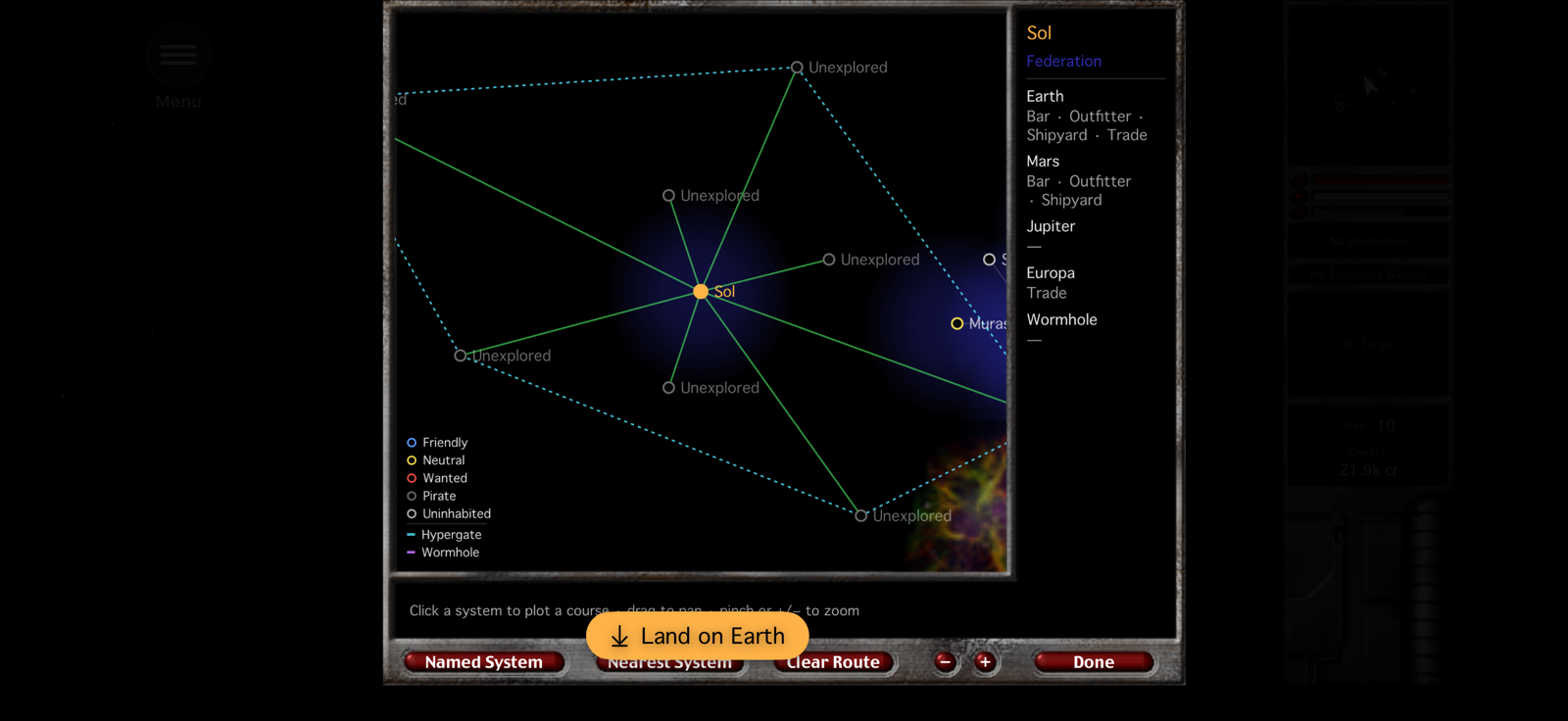 The galaxy map centred on Sol, showing Federation space, the planets Earth, Mars, Jupiter and Europa with their services, and hypergate routes.