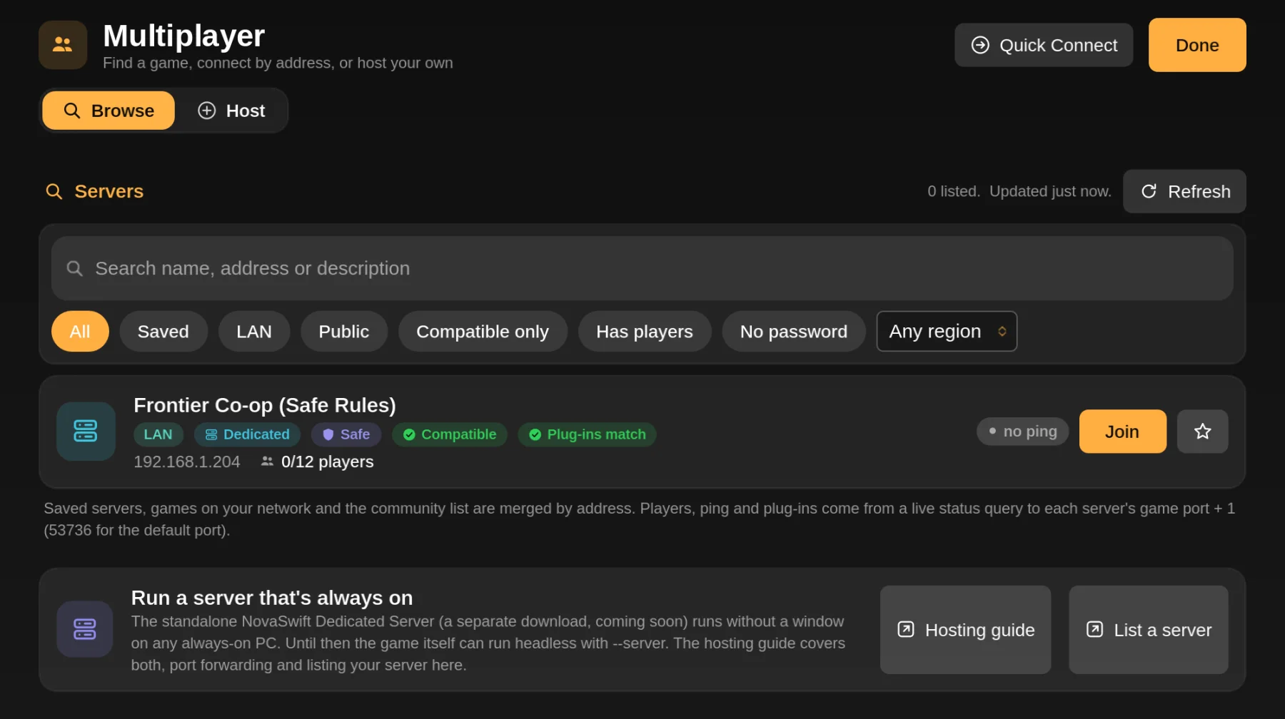 The Multiplayer browser listing a dedicated server on the local network, with Join and Save buttons.