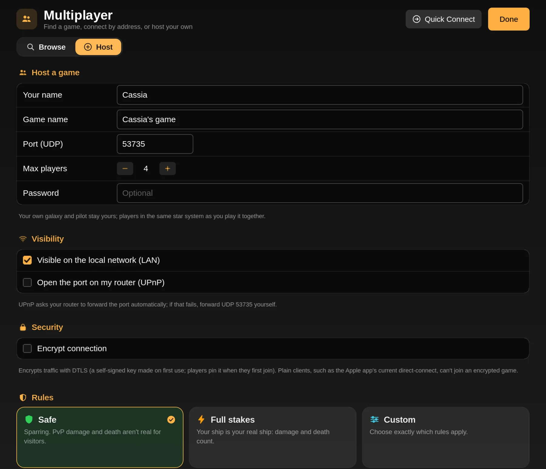 The Host page: name, port, player limit and password, LAN and UPnP visibility, encryption, and Safe, Full stakes or Custom rules.