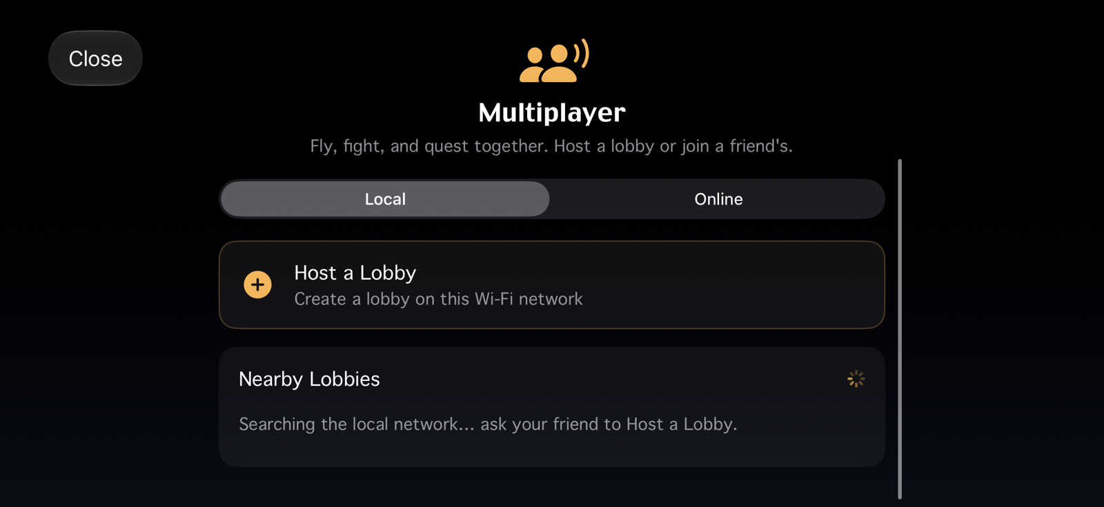 The multiplayer lobby screen, with Local and Online tabs, a Host a Lobby button, and a list searching the local network for nearby lobbies.