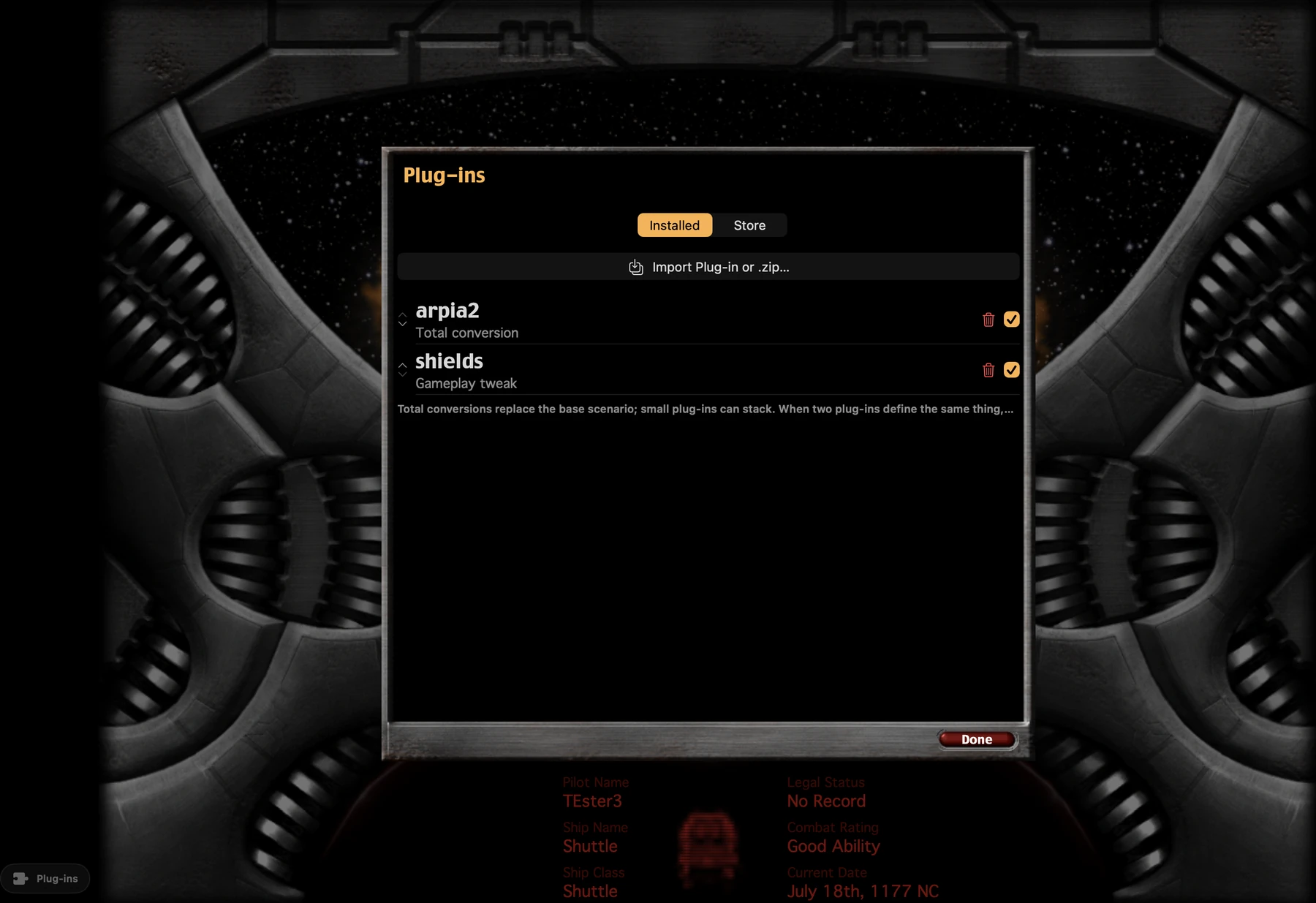 The Plug-ins screen listing an installed total conversion and a gameplay tweak, with reorder handles and on/off switches.