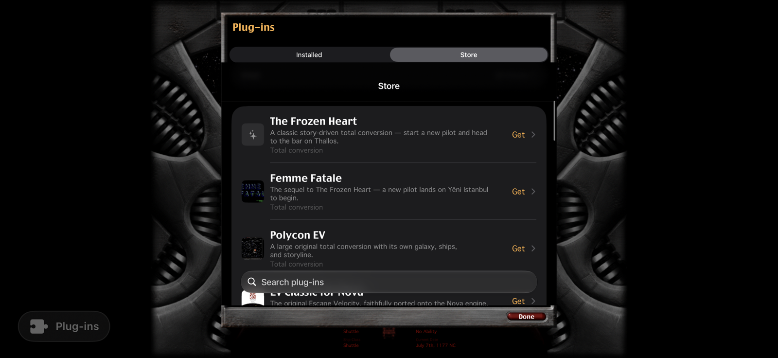 The in-game plug-in store listing community total conversions: The Frozen Heart, Femme Fatale, Polycon EV and EV Classic for Nova, each with a Get button.