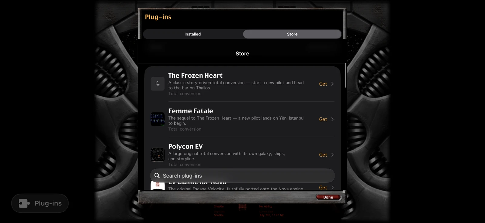 The plug-in store listing community total conversions, each with a Get button.