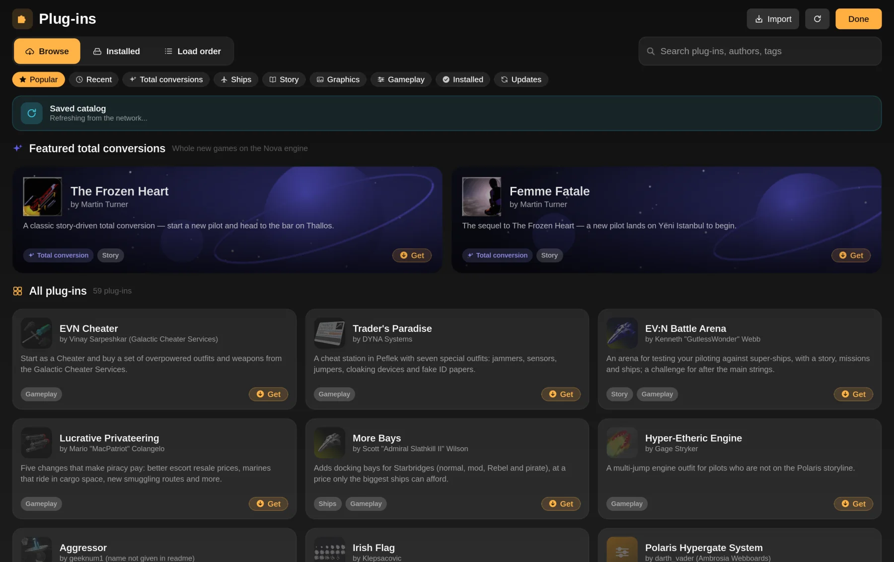 The Plug-ins store with featured total conversions and a grid of community plug-ins.