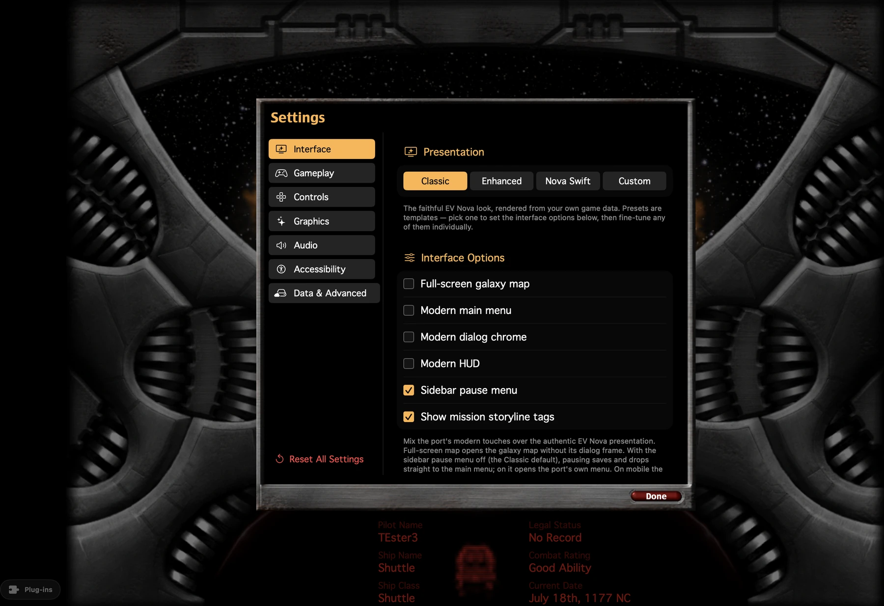 The Interface settings with Classic, Enhanced, Nova Swift and Custom presets above toggles for the map, menus, dialogs and HUD.